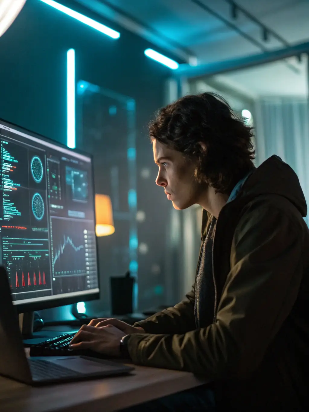 An AI specialist working on a complex algorithm on a computer, symbolizing AI Consultancy. The image should convey innovation and technological advancement.