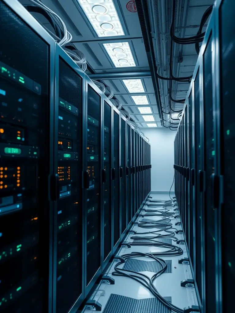 A professional photo of a server room with blinking lights, symbolizing Managed IT Security Solutions. The image should convey a sense of security and technological sophistication.