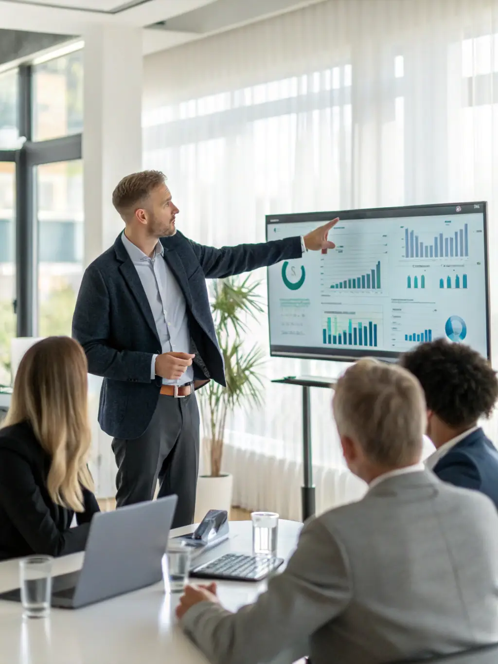 A consultant in a business meeting, pointing at a graph on a screen, representing IT Consultancy. The image should convey expertise and strategic planning.