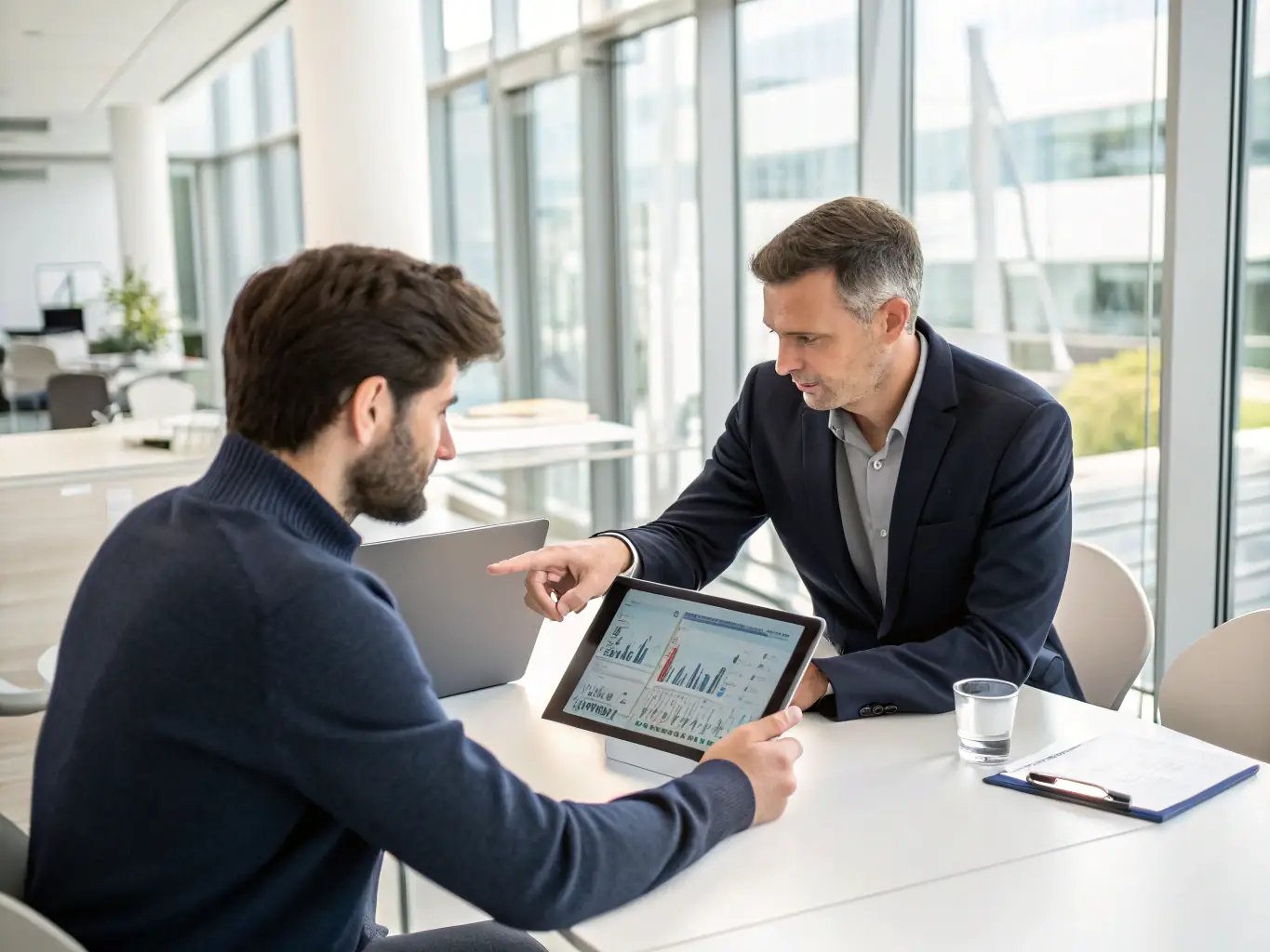 A consultant reviewing IT infrastructure diagrams with a client in a modern office setting, representing Datatronix's IT Consultancy services.
