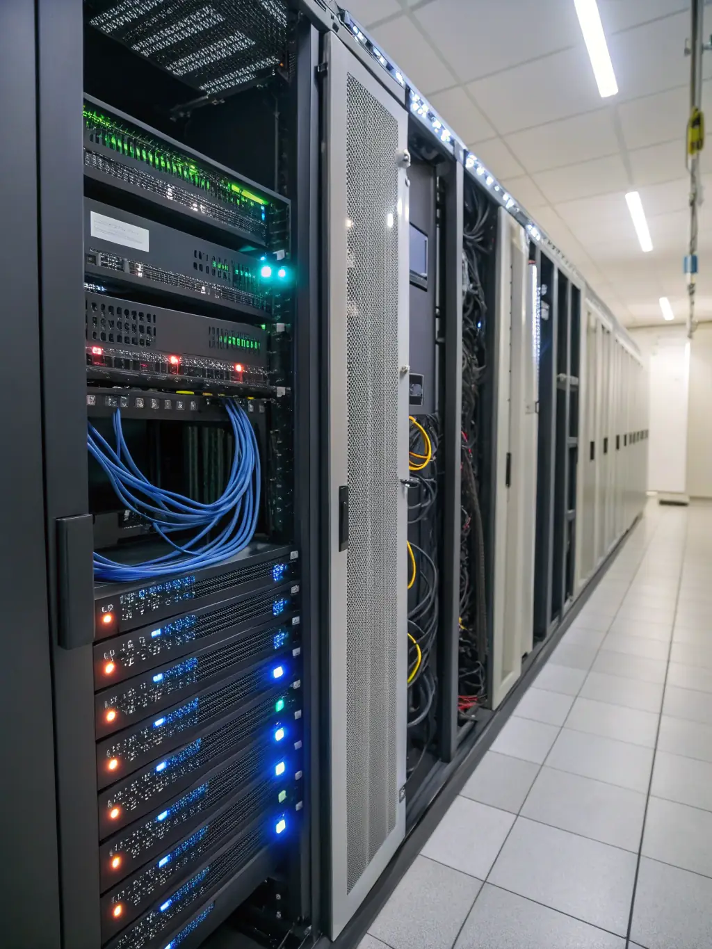 A close-up shot of a server rack with blinking lights, symbolizing robust IT infrastructure and data management capabilities offered by Datatronix Services.