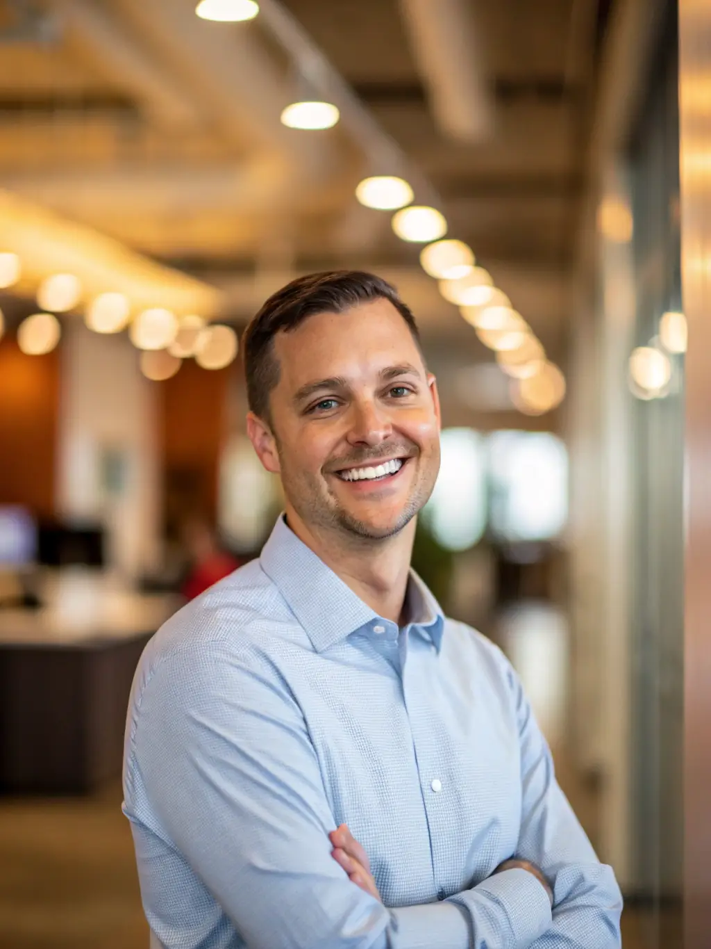 A professional headshot of a senior solutions architect from Cisco, smiling confidently in a modern office setting, symbolizing their expertise in networking solutions.