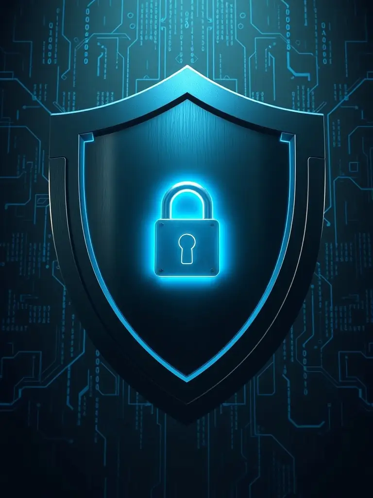 A graphic illustration of a shield with a lock inside, representing advanced cybersecurity measures and data protection provided by Datatronix Services.